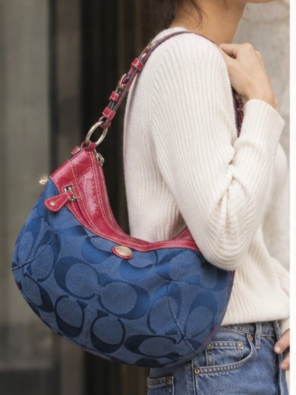 Coach Laura Signature F14938 Magenta & Denim Blue Hobo Shoulder Bag Rare